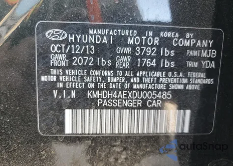 2013 Hyundai Elantra Gls from USA, damaged, VIN KMHDH4AEXDU005485